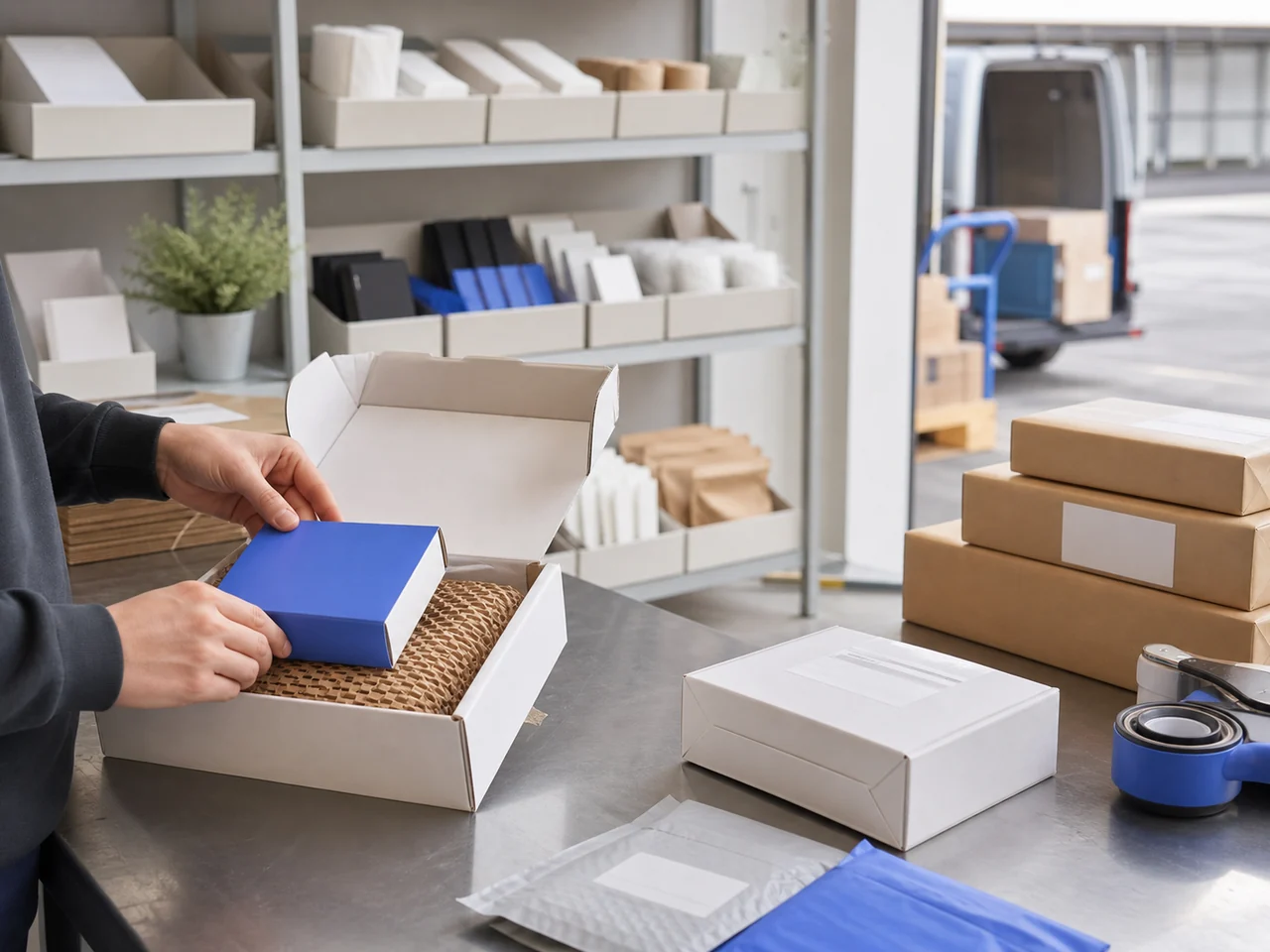 Branded packaging, warehouse preparation, and international parcel handoff