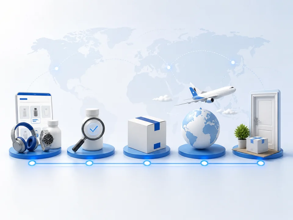 Dropshipping workflow from product selection and quality control to packaging, international shipping, and delivery
