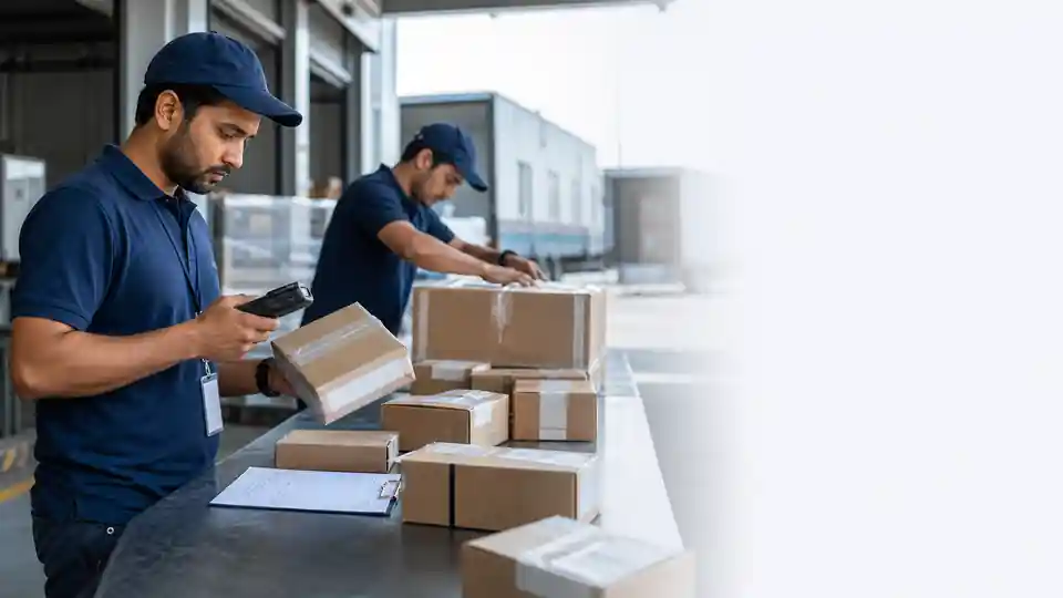 Prepared parcel moving through global shipping and tracking handoffs