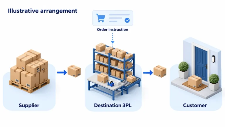 Illustrative supplier replenishment, store instruction and 3PL customer dispatch.