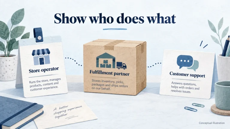 Conceptual illustration separates a store operator, fulfillment partner and customer support contact.