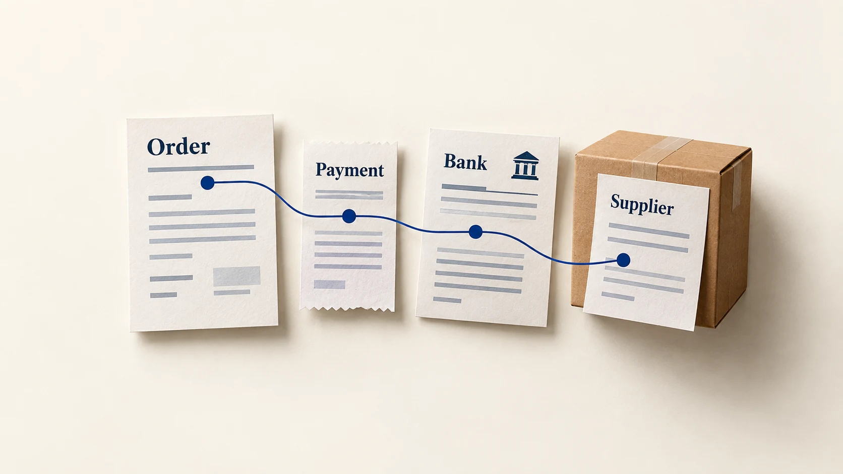 Conceptual linked order, payment, bank and supplier records.