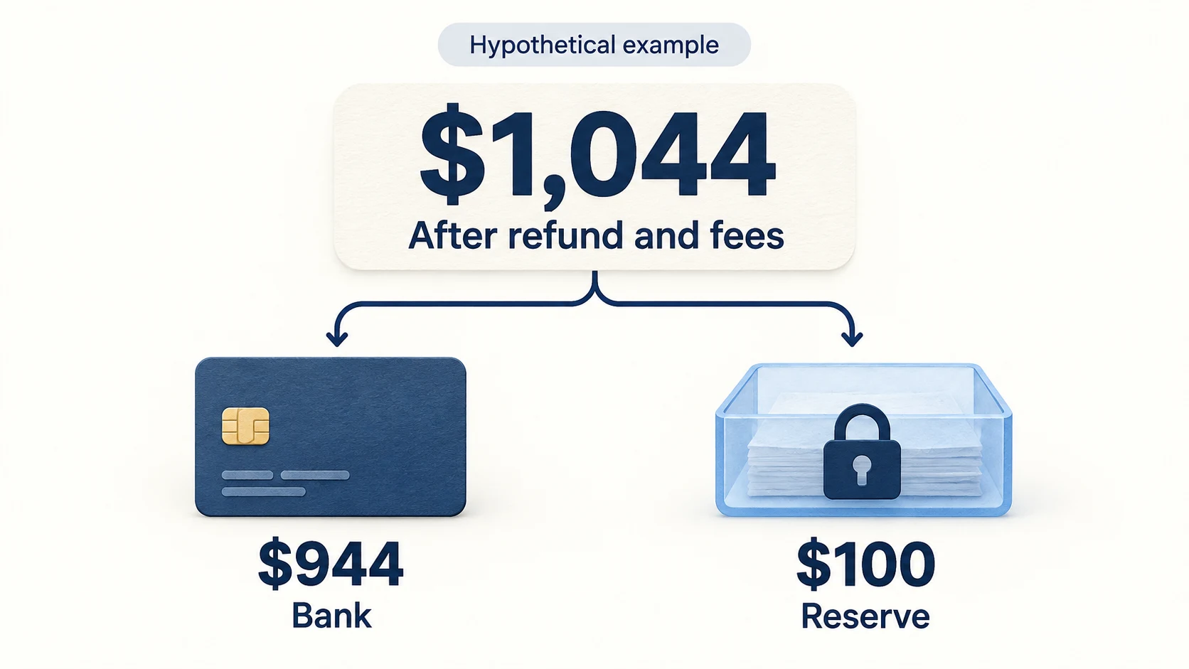 Hypothetical processor balance of $1,044 splits into a $944 payout and a $100 retained reserve.
