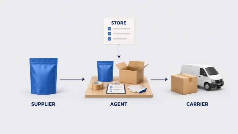 Store instructions guide an agent coordinating a supplier product, packing and carrier handoff.