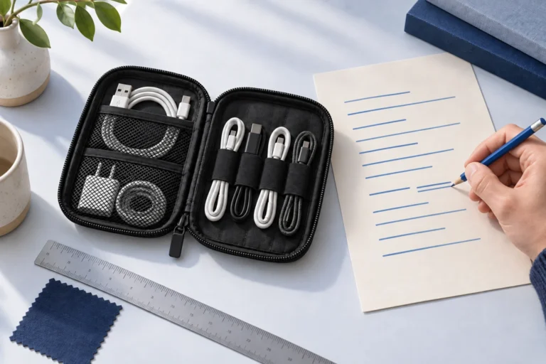 Editorial illustration of checking a cable pouch and dimensions while editing a product description.