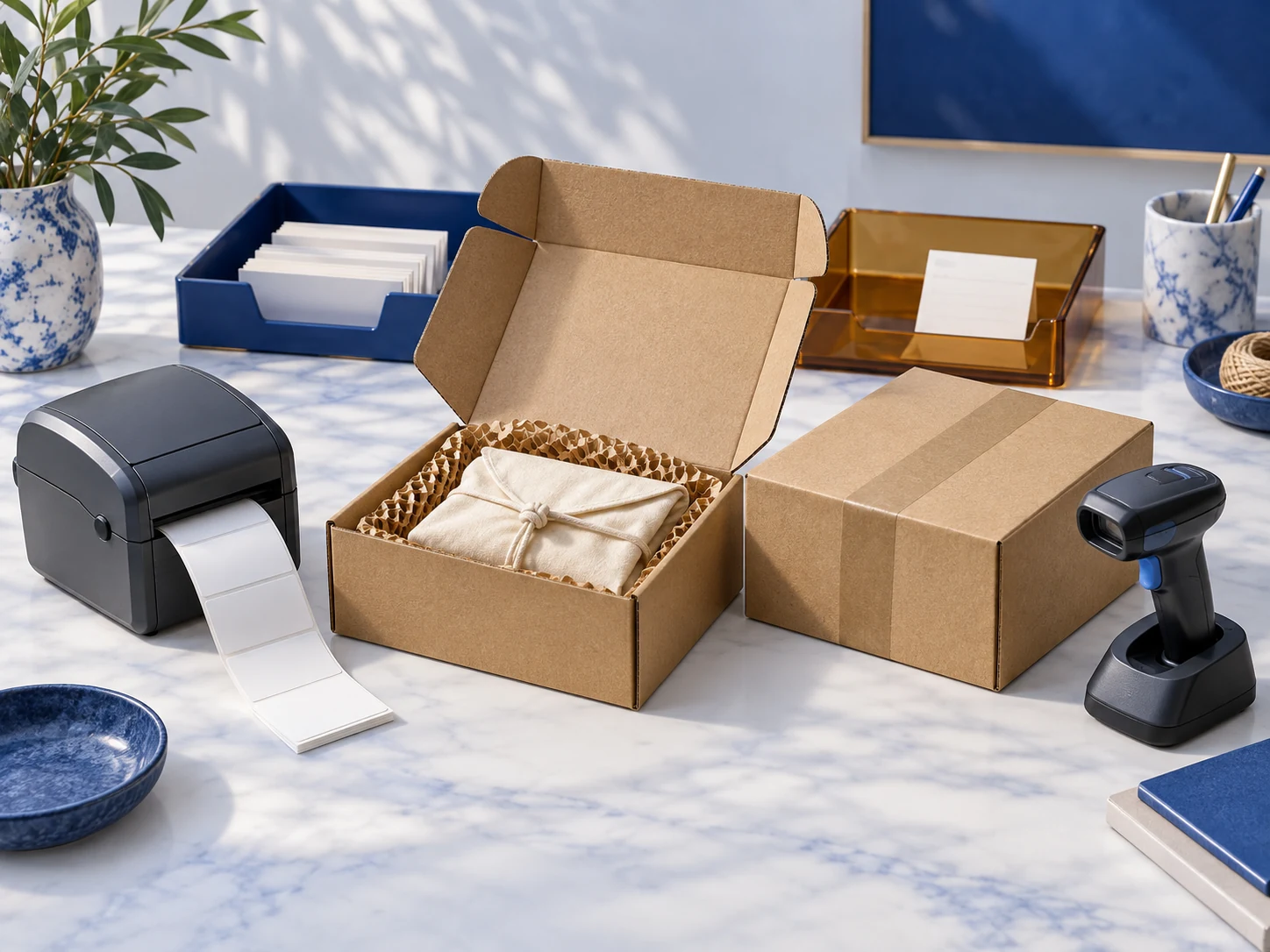 Packing station with protected parcel, label printer, scanner and separate order trays