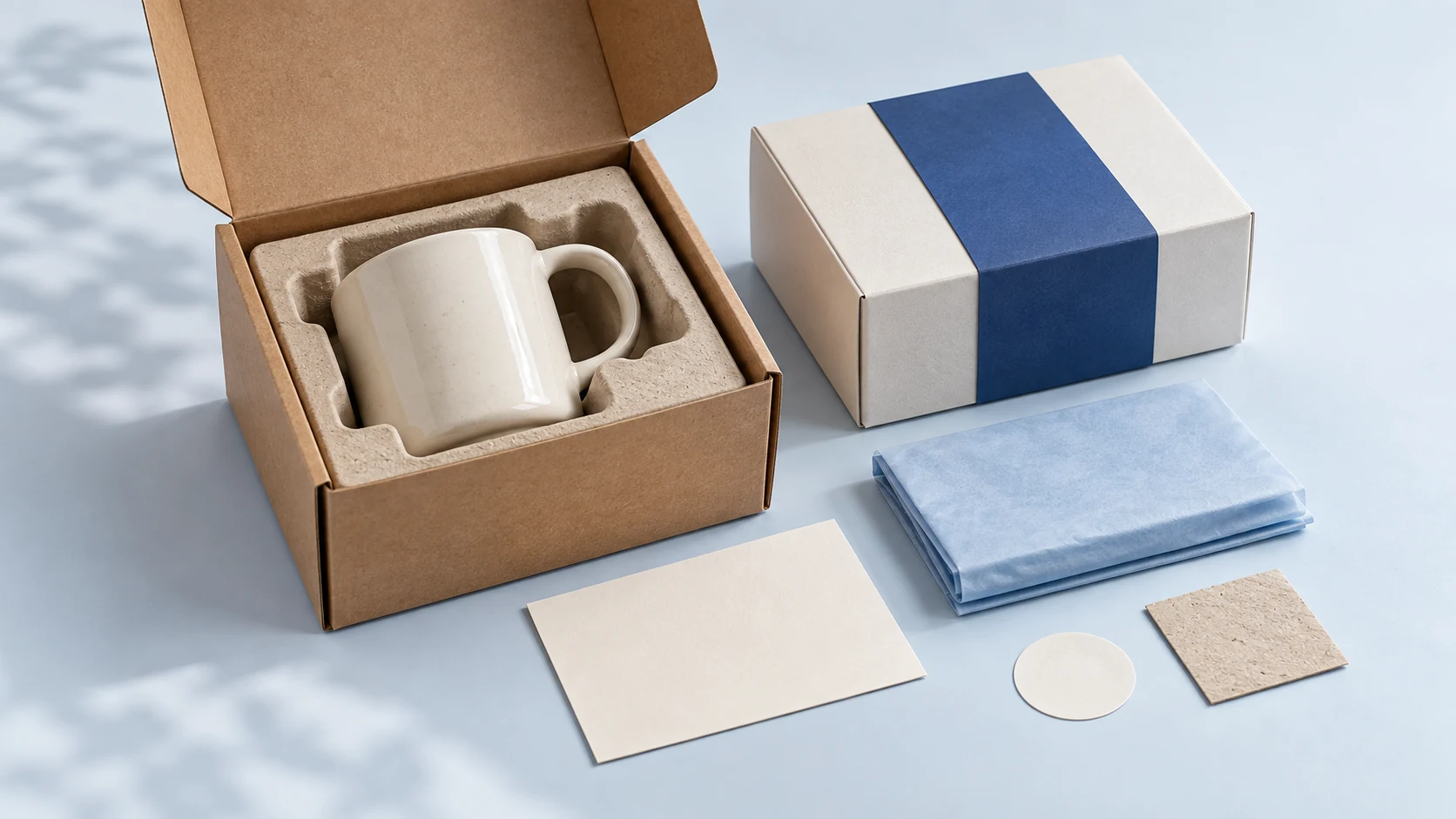 Ceramic cup protected by a fitted paper insert alongside coordinated packaging materials