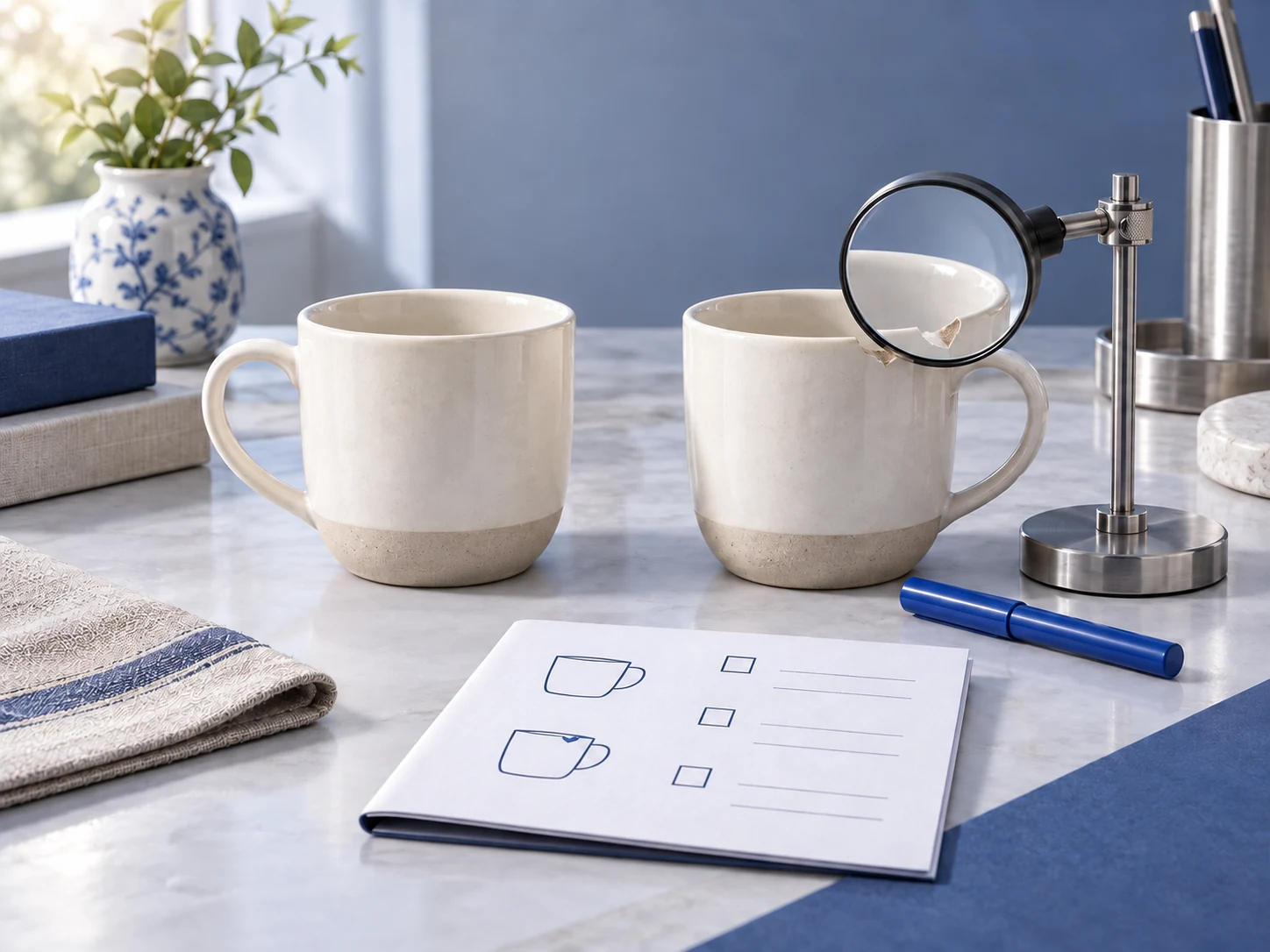 Reference cup and chipped cup with magnifying glass and inspection checklist