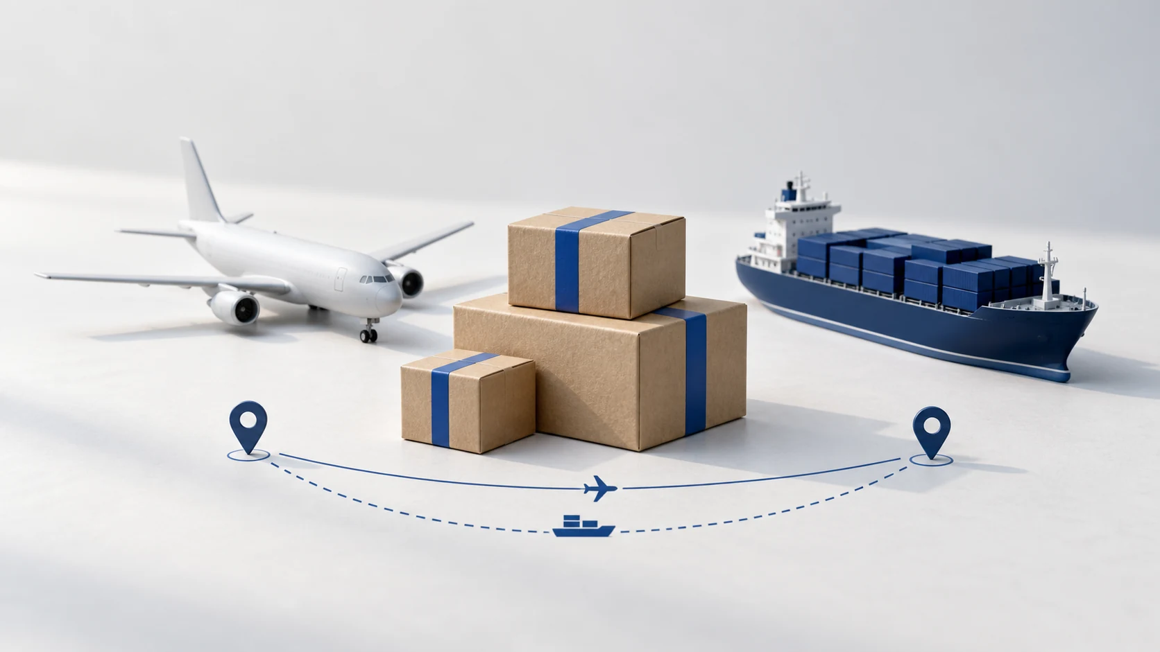 Parcel shipping concept with miniature air and sea transport models