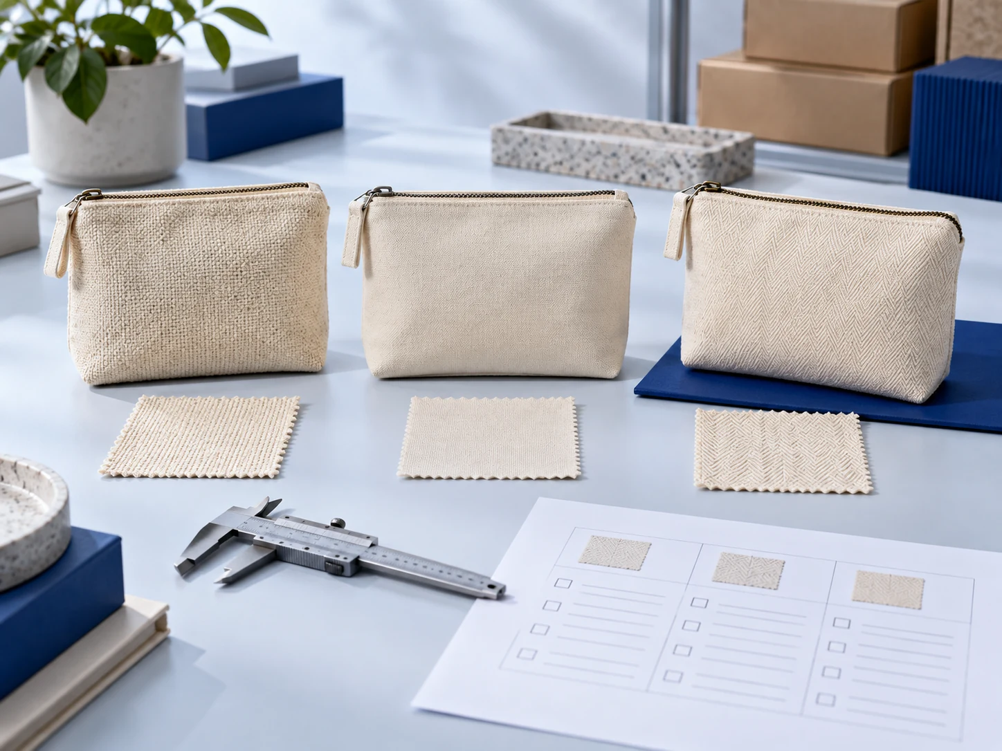 Three canvas pouch samples and fabric swatches arranged for comparison