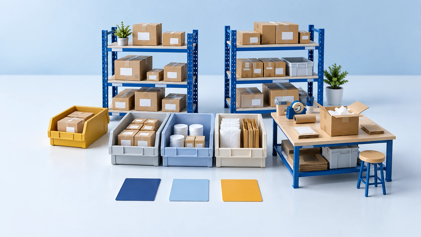 Miniature inventory storage concept with shelf bins, separate hold area and packing bench