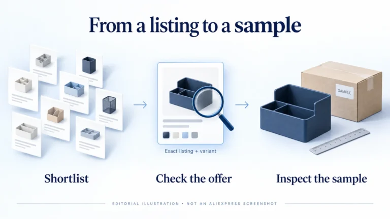 Editorial illustration moving from several product listings to one identified item and a physical sample for checking.