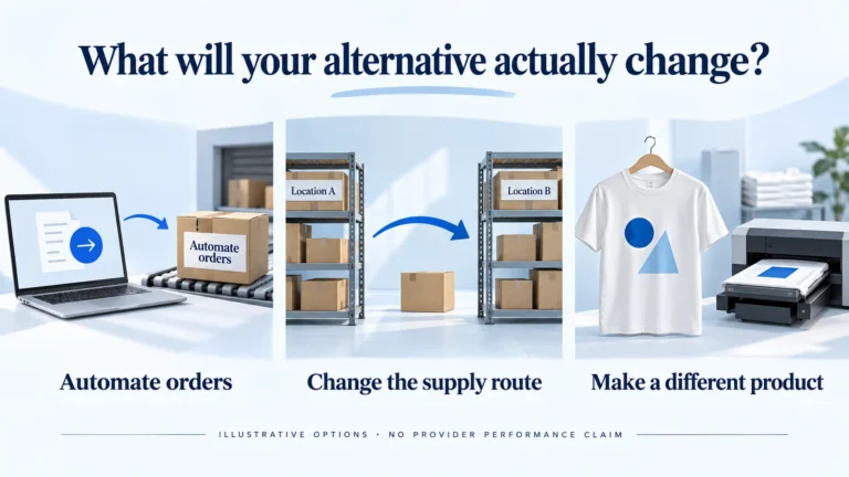 Illustration comparing order automation, changing supplier stock location and made-to-order printing as distinct changes.