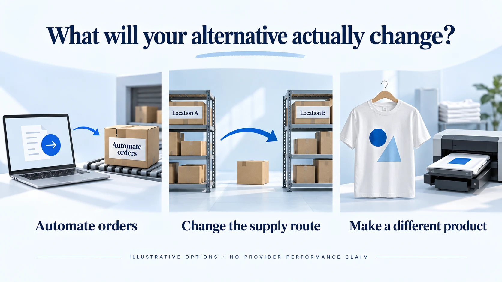 Illustration comparing order automation, changing supplier stock location and made-to-order printing as distinct changes.