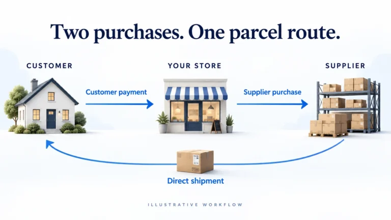 Illustration of customer payment to a store, store purchase from a supplier, and supplier parcel delivery to the customer.