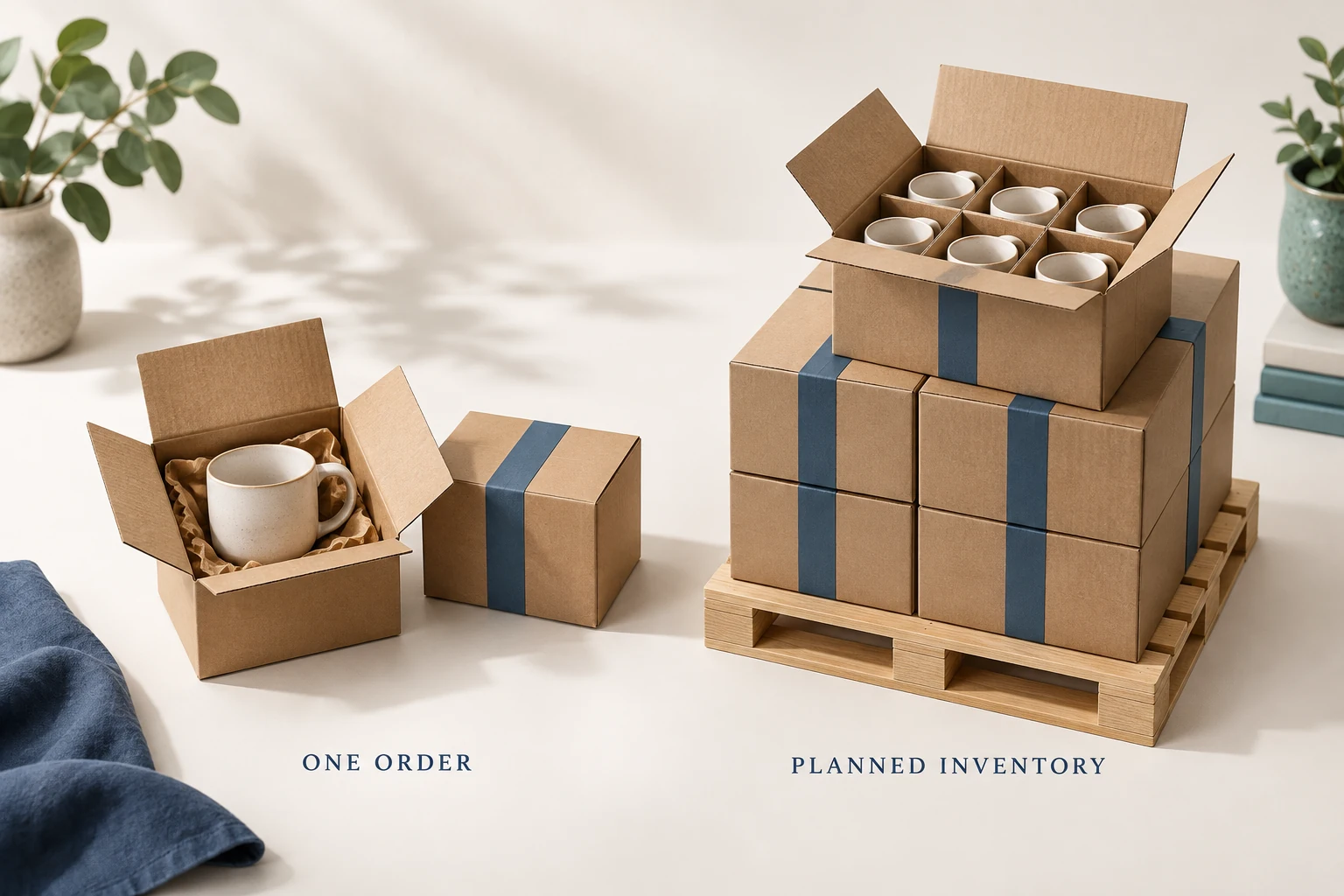 Illustration comparing one individually packed cup with cartons of planned inventory.