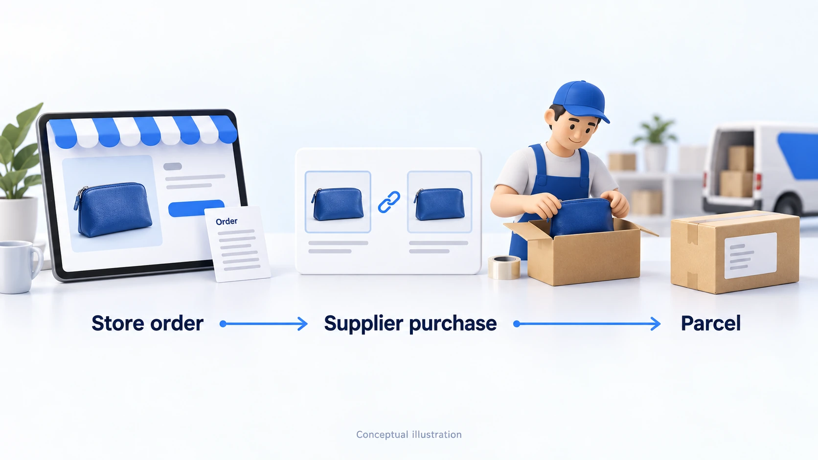 Conceptual illustration connecting a store order, supplier purchase and blue pouch parcel.