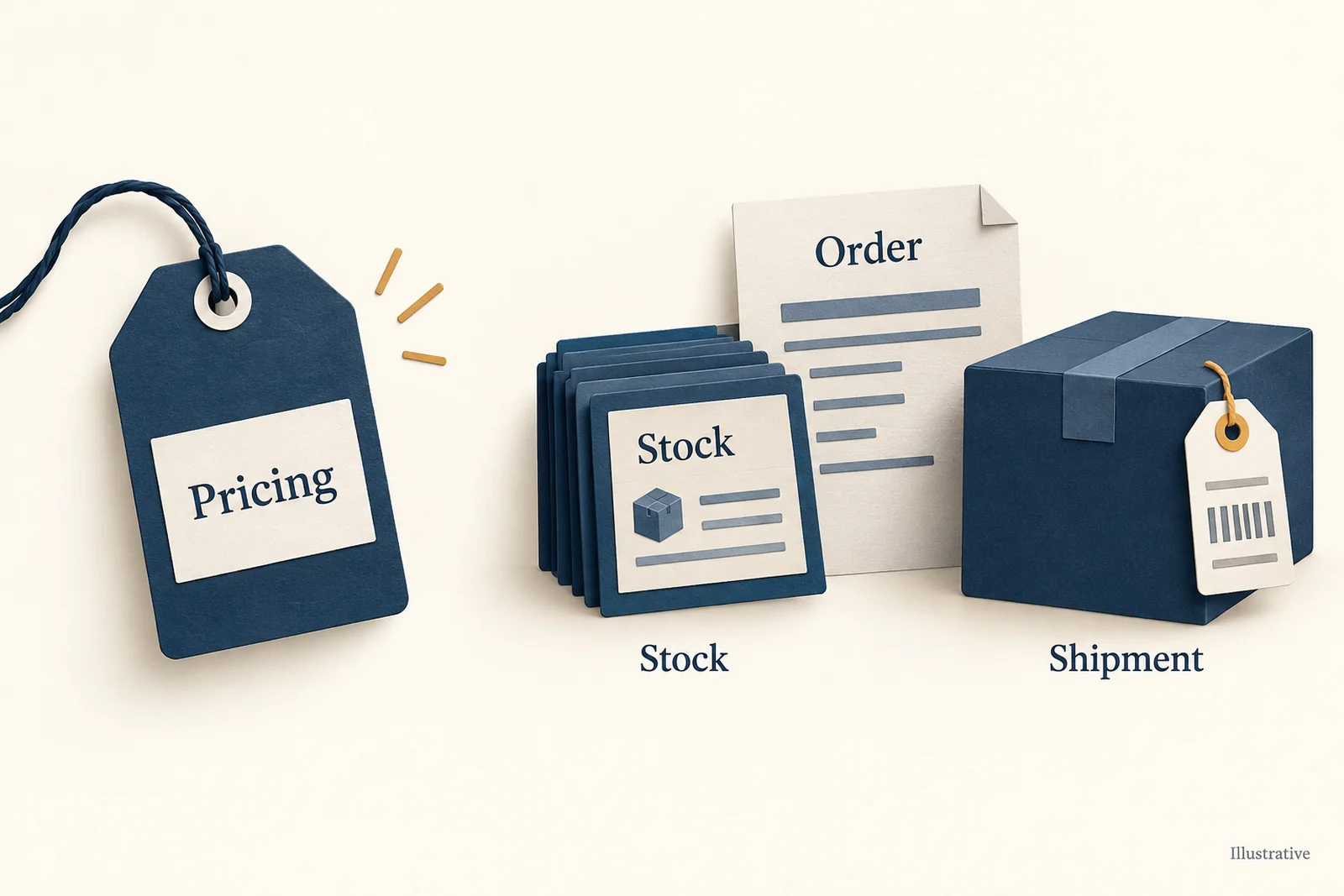 Illustrative price-tag task beside separate stock, order and shipment objects.