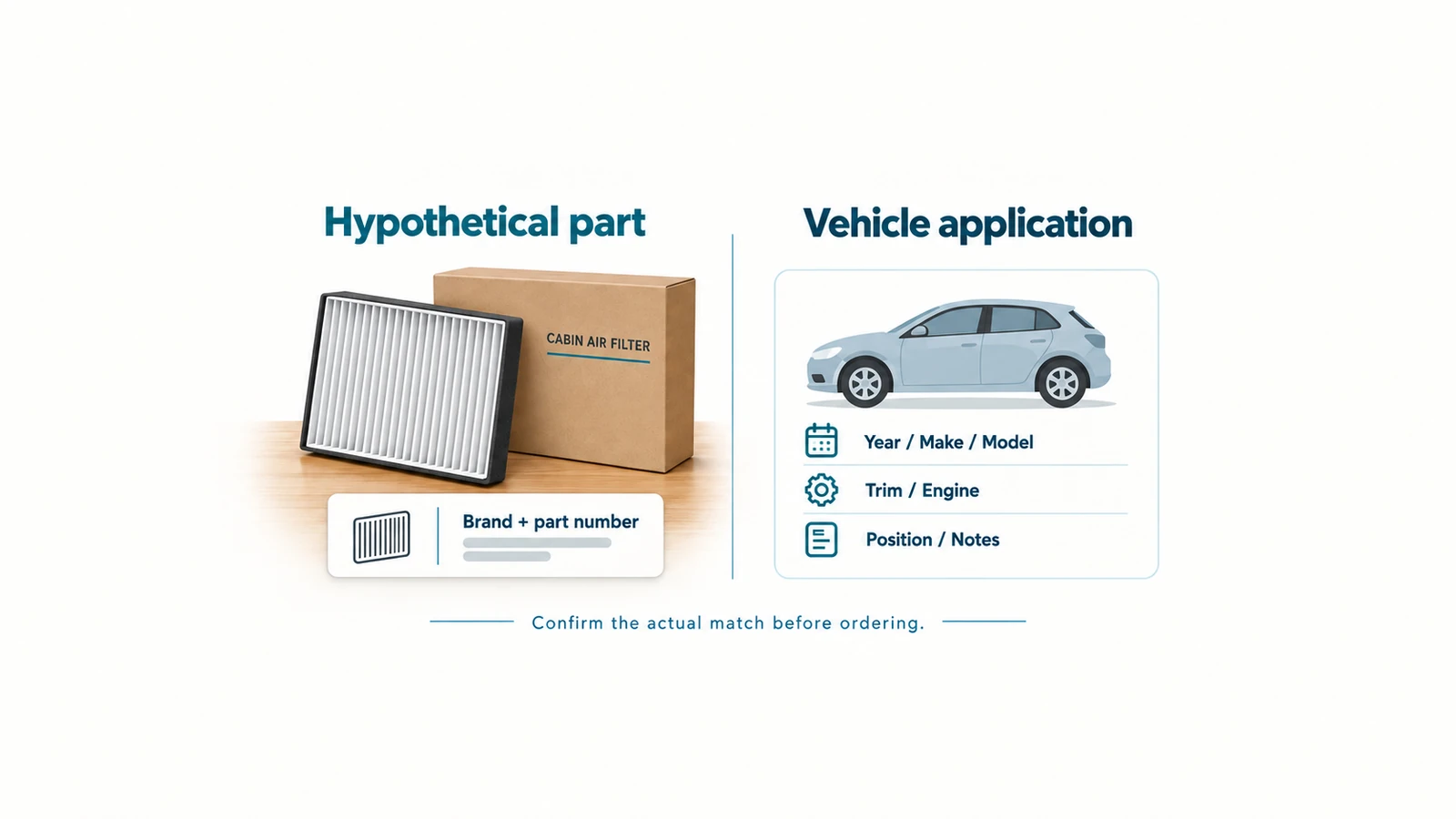 Illustration separating a hypothetical cabin filter part number from vehicle application fields.