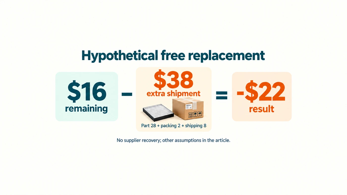 Hypothetical calculation showing $16 contribution minus a $38 replacement shipment gives a $22 loss.