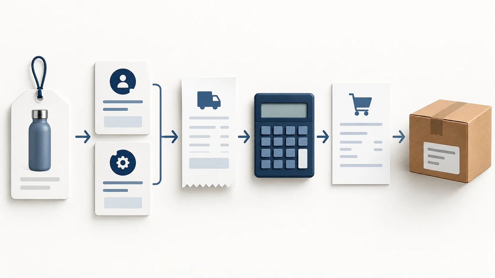 Conceptual product, plan, shipping fee and order controls arranged before parcel fulfillment.