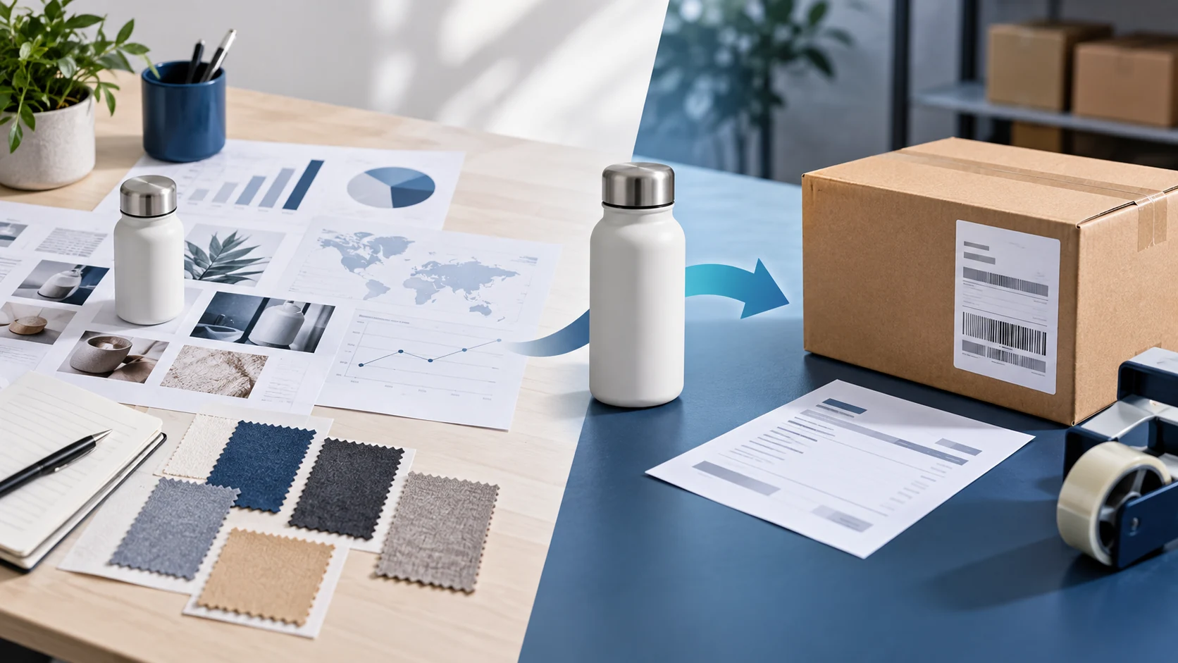 Conceptual product research charts and sample on one desk leading to a packaged supplier order on another.