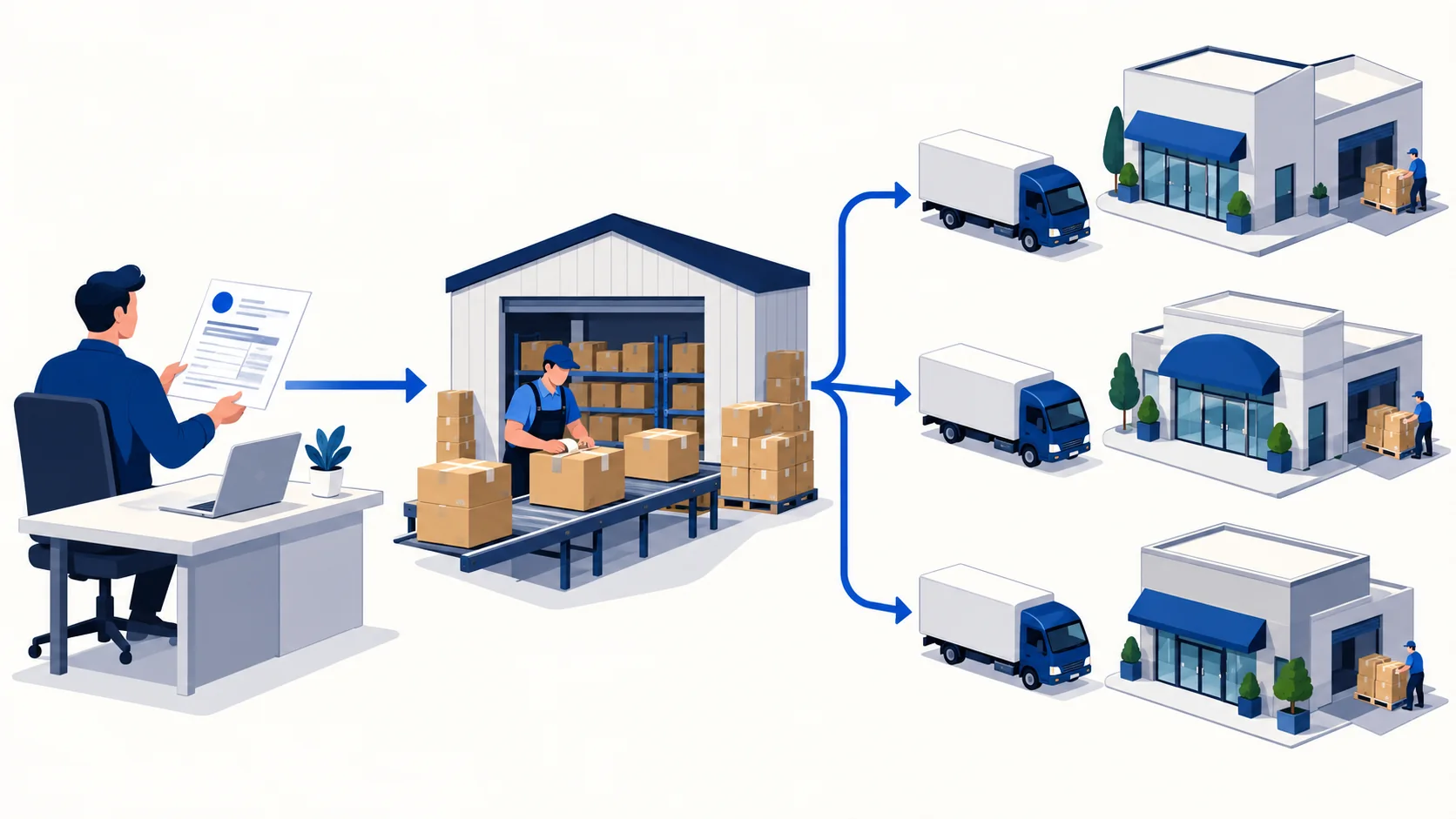 Conceptual flow from a business buyer purchase order through a merchant and supplier to three branch deliveries.