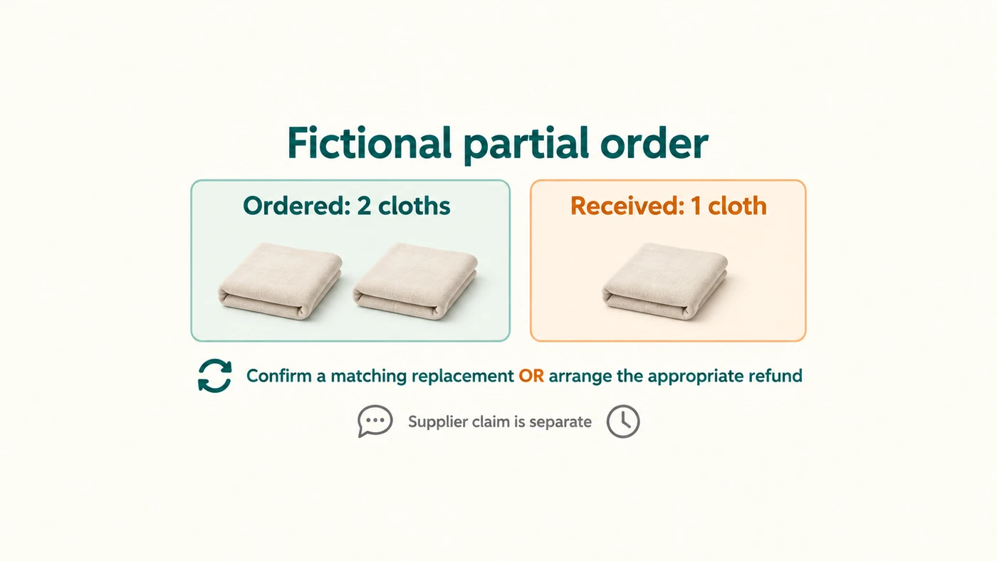 Fictional order illustration comparing two cloths ordered with one received and a separate supplier claim.
