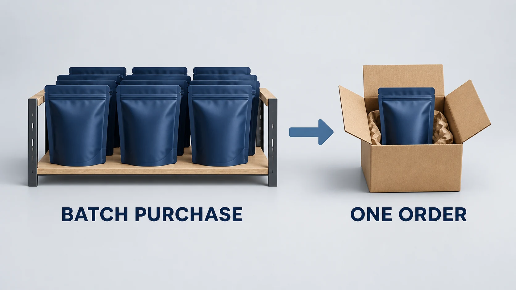 A batch of blue pouches on a shelf supplies one pouch in an individual customer parcel.
