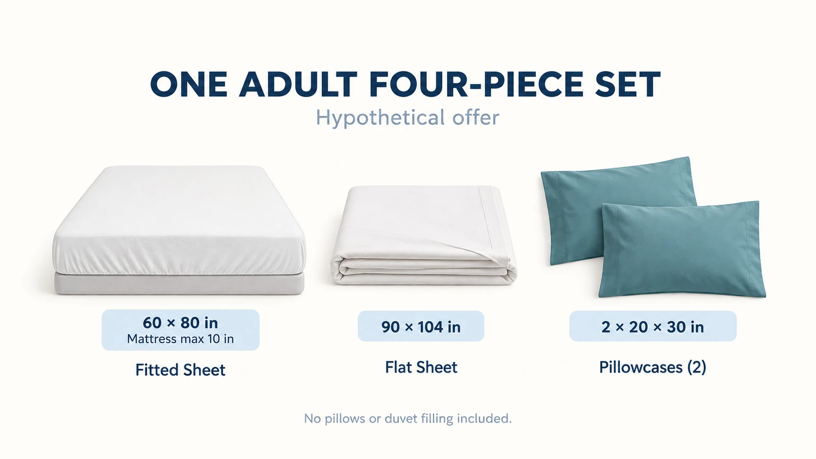 Hypothetical adult four-piece sheet set with fitted sheet, flat sheet and two pillowcases shown separately.