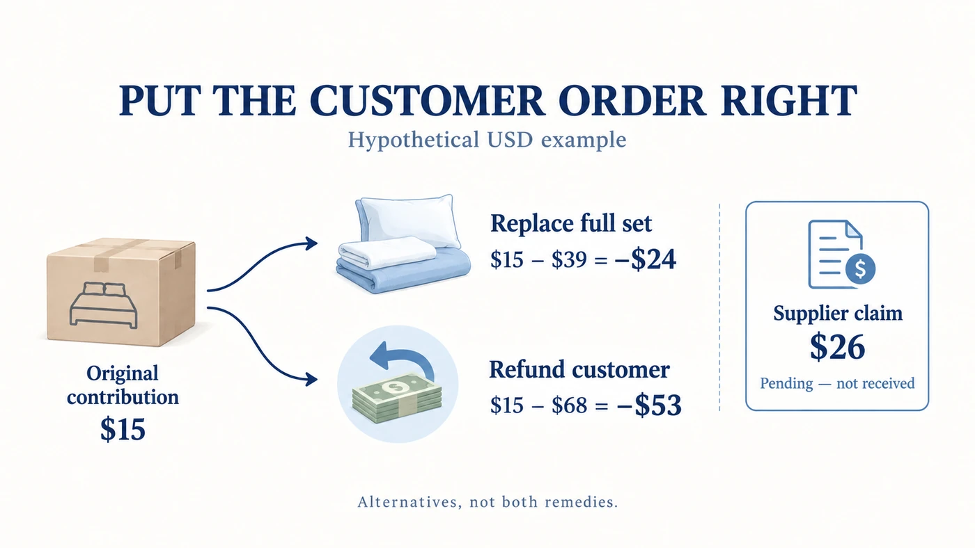 Hypothetical bedding order showing a whole-set replacement causing a 24 dollar loss or a full refund causing a 53 dollar loss, with supplier credit pending.