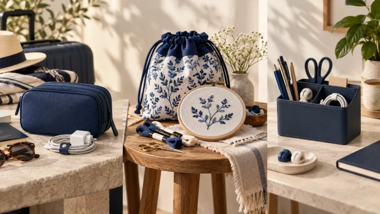 Travel, embroidery and desk organization products arranged around three distinct customer uses