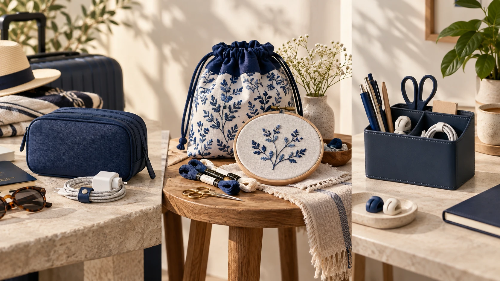 Travel, embroidery and desk organization products arranged around three distinct customer uses