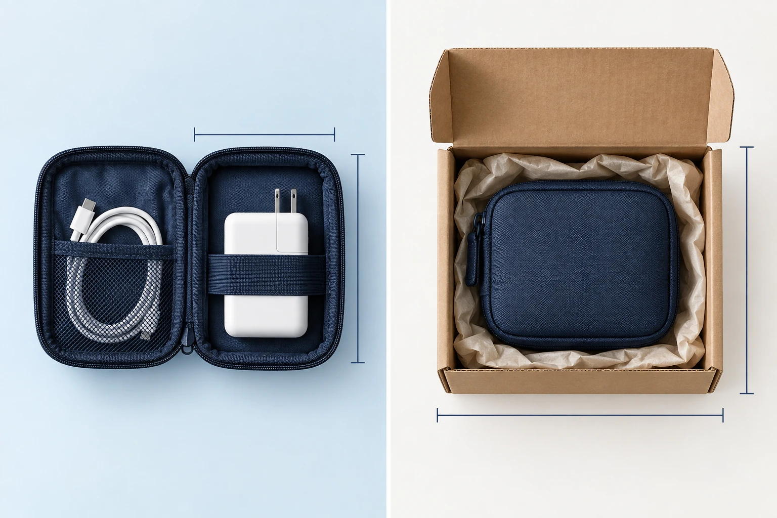 Open pouch showing usable space beside the same pouch packed inside a shipping carton