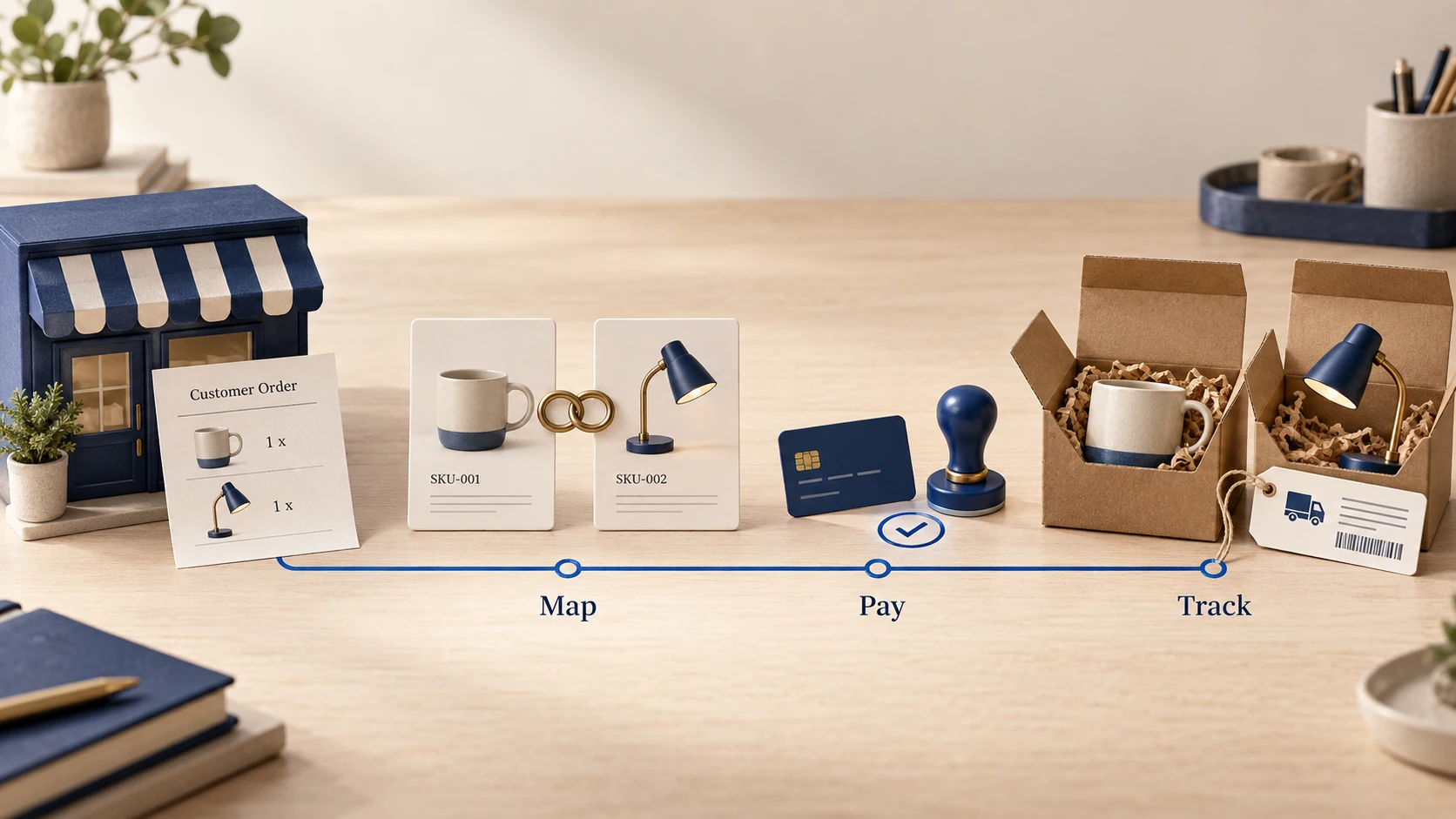 A store order passes through product mapping, supplier payment and parcel tracking.