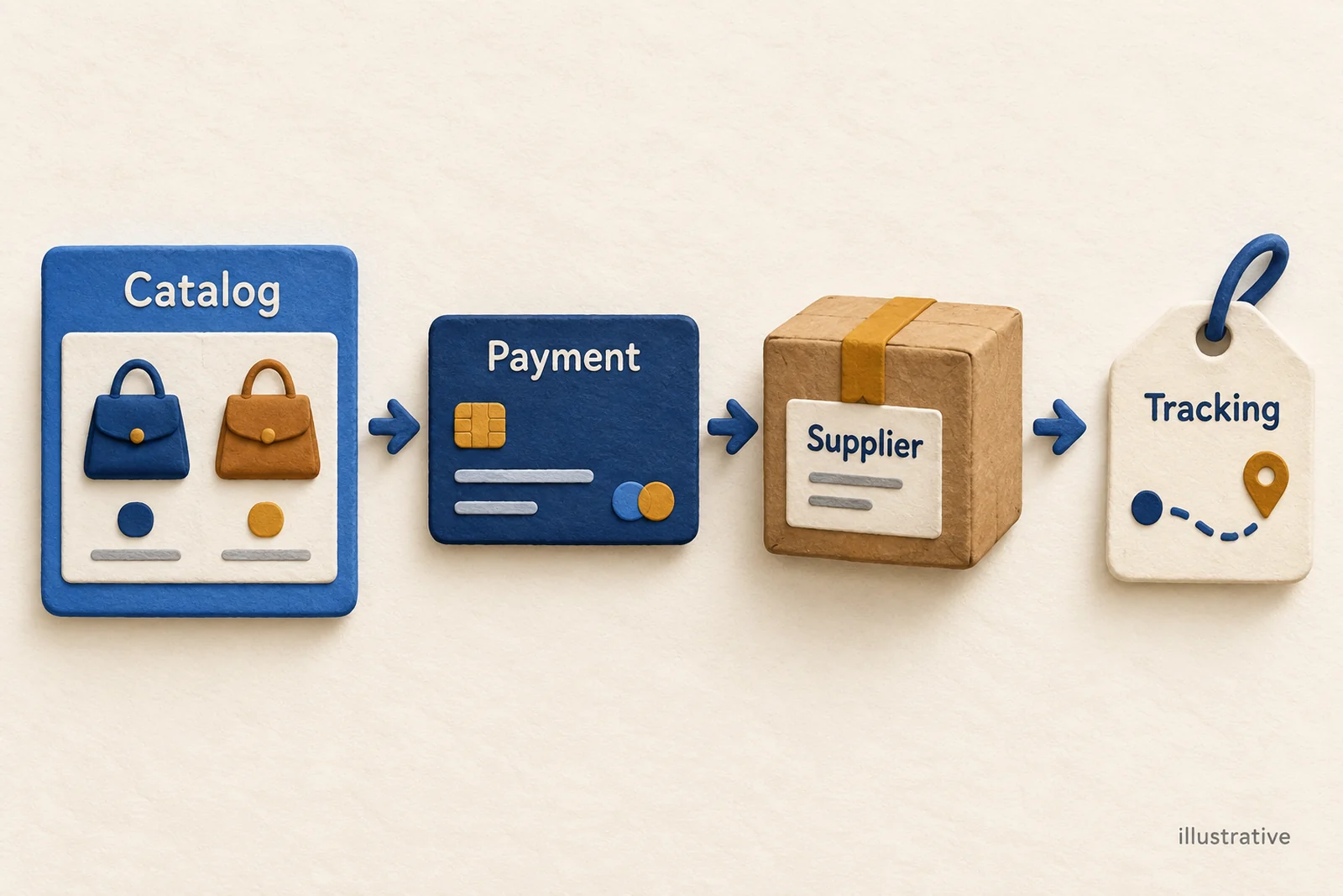 Illustrative catalog, payment, supplier parcel and tracking stages shown as separate connected objects.