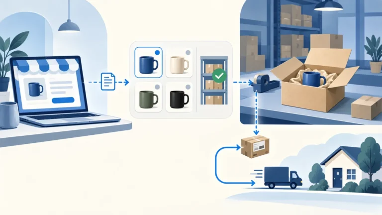 Illustration of a storefront order passing through variant and stock checks to a supplier packing a parcel.