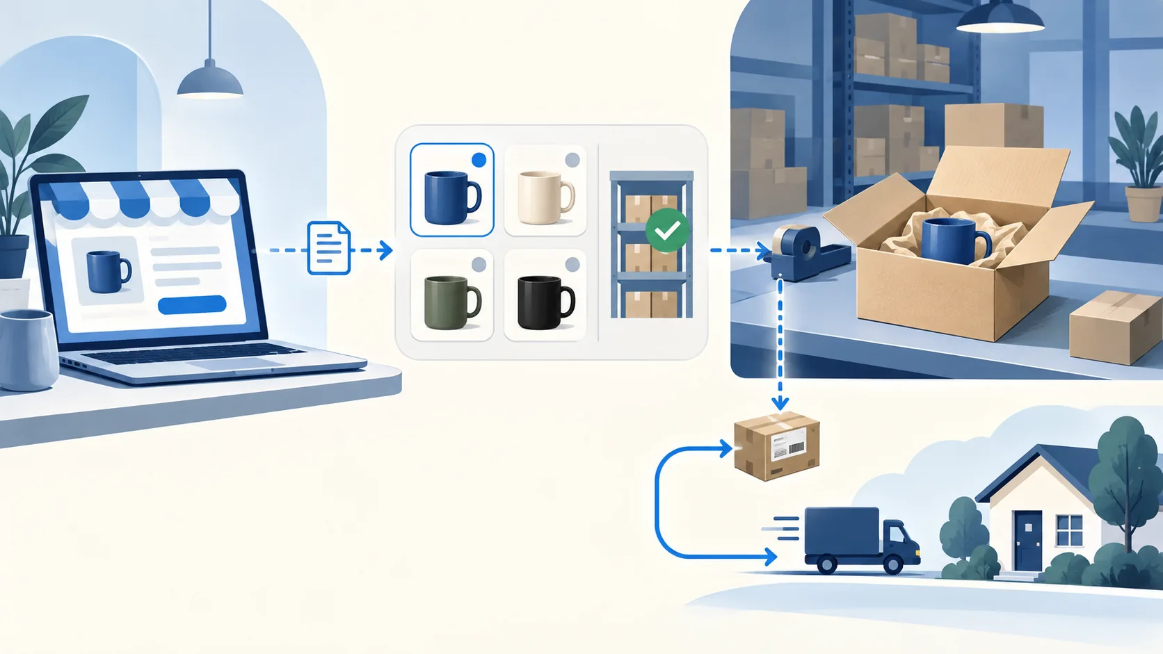 Illustration of a storefront order passing through variant and stock checks to a supplier packing a parcel.