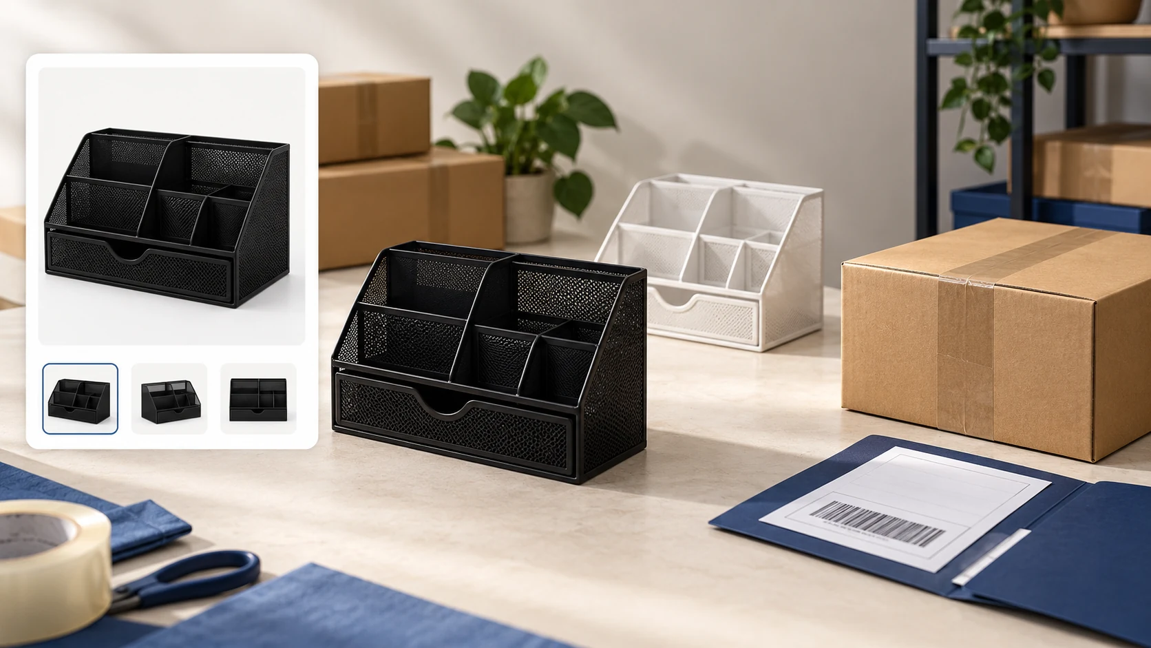 Conceptual black organizer listing matched to the same black supplier item and parcel, with white variant separate