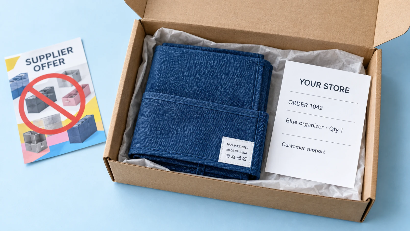 Neutral parcel with retailer packing slip and intact product label, leaving a supplier promotion outside