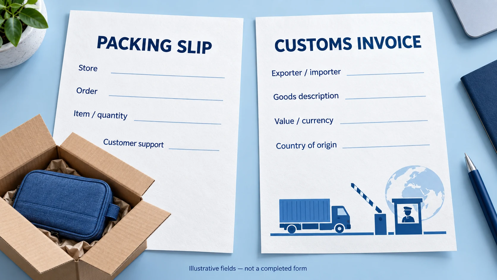 Packing slip and customs invoice show different sets of illustrative blank fields