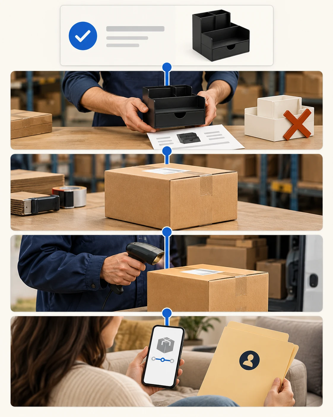 Illustrated Bonanza supplier order path from paid black item through supplier acceptance, parcel, first scan and buyer return owner