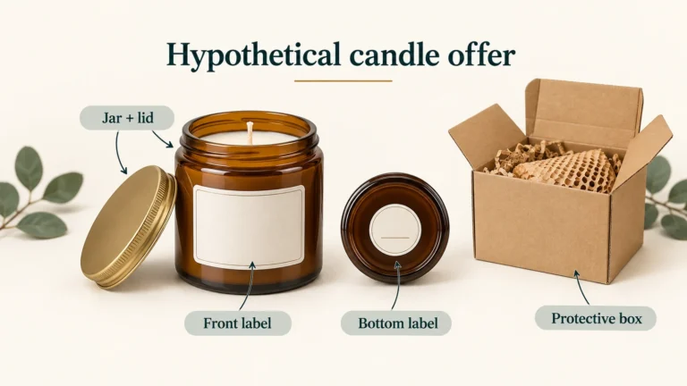Illustration of a hypothetical amber candle with a lid, front and bottom labels, and protective packaging.