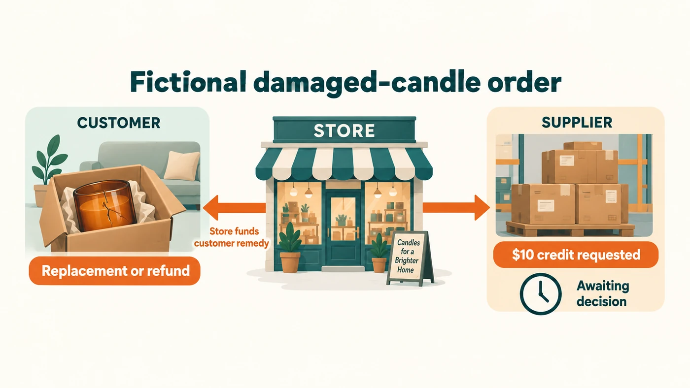 Fictional damaged-candle order showing a customer remedy and a separate $10 supplier-credit request awaiting a decision.