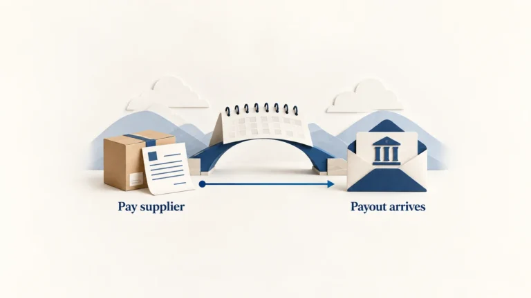 Conceptual calendar separates paying the supplier from the later arrival of a payout.