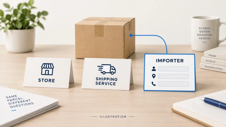 Illustration separating a parcel shipping service from the importer identity record that needs verification.