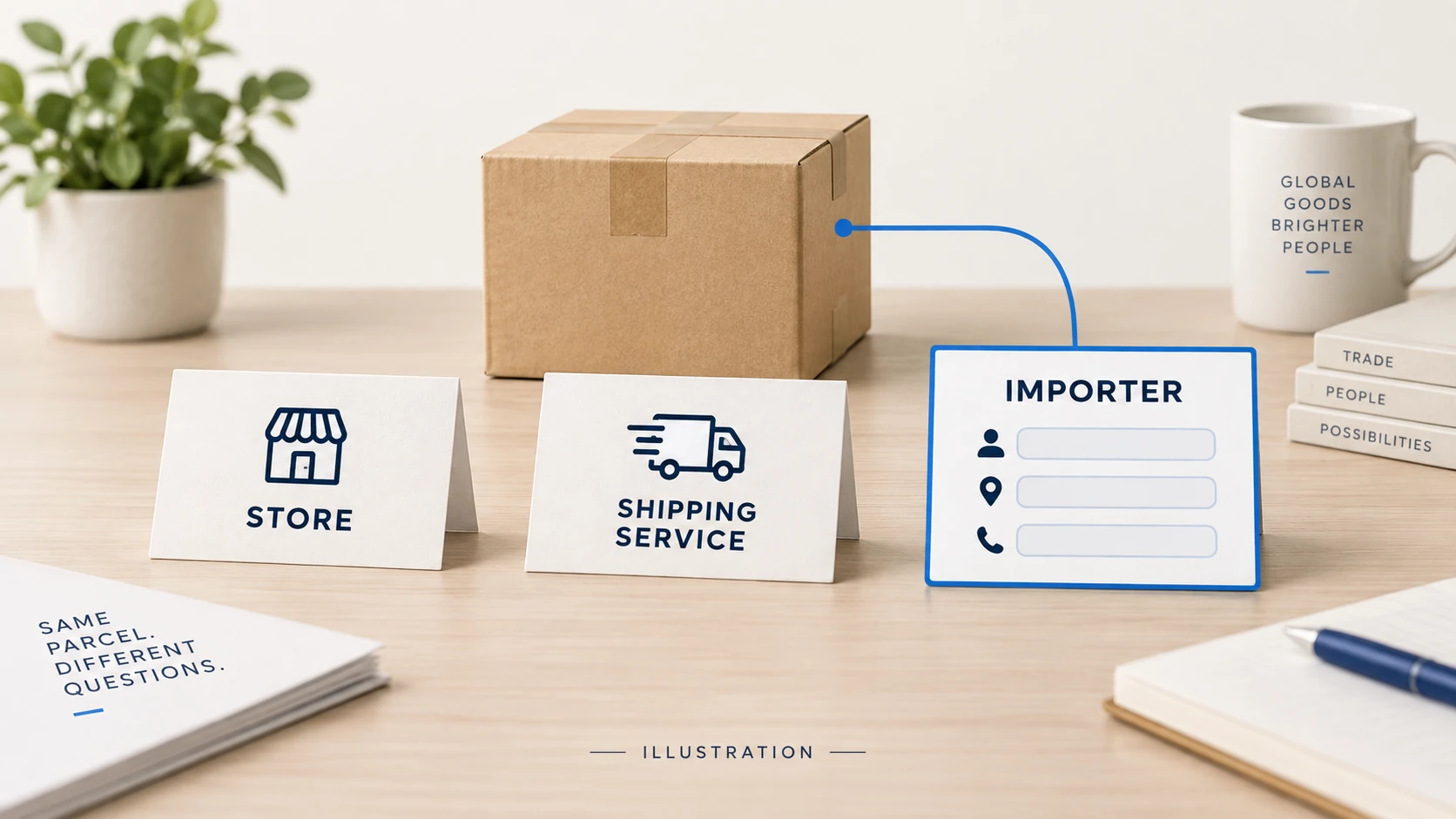 Illustration separating a parcel shipping service from the importer identity record that needs verification.