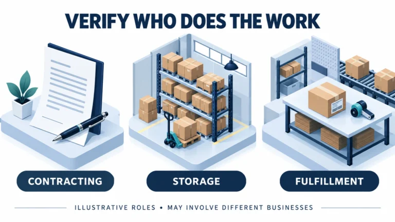Conceptual contracting, storage and fulfillment scenes representing roles that may involve different businesses.