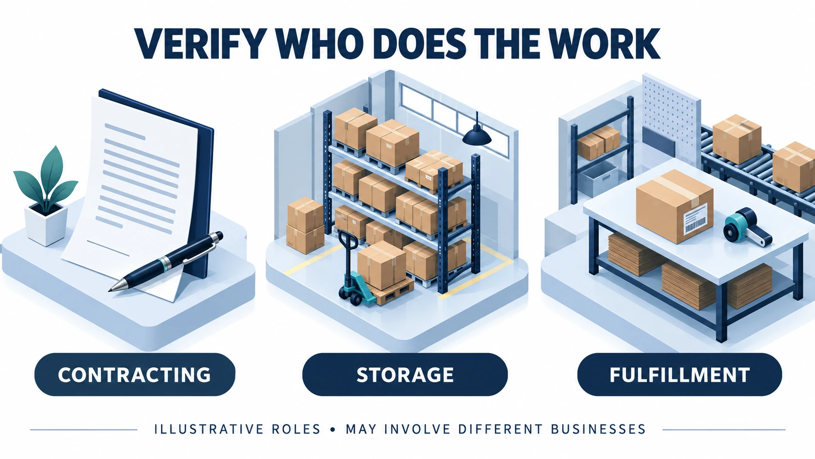 Conceptual contracting, storage and fulfillment scenes representing roles that may involve different businesses.