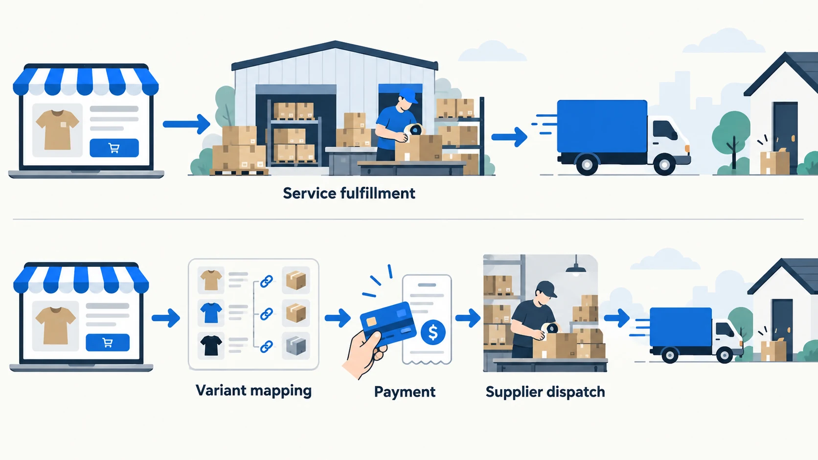 Conceptual service fulfillment lane versus a variant-mapping, supplier-payment and supplier-dispatch lane.